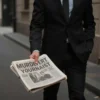 A shadowy figure in a dark suit standing near a newspaper with the headline about a murdered journalist, dimly lit urban alleyway, dramatic lighting, no faces visible, no text on the newspaper
