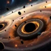 A cosmic scene depicting ancient black holes from the early universe, with swirling galaxies, cosmic dust, and stars in the background. The black holes should be shown as dark, dense regions with intense gravitational effects, surrounded by glowing accretion disks and jets of plasma. The overall atmosphere should convey the vastness and mystery of the cosmos.