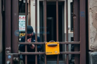 A close-up view of a Russian ticket booth entrance with a prominent sign displaying '500 рублей за вход' (500 rubles for entry), showing a person in work clothes repairing a rusty metal gate or 'шлюз' (lock/barrier) with tools, set against a backdrop of a modest urban building facade with visible wear and tear, conveying a sense of mandatory entry and ongoing maintenance without any alternative options