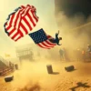 A skydiver wearing a US flag parachute descending toward a rodeo arena crowd, mid-air near the ground, surrounded by startled spectators on a dusty arena floor with rodeo equipment like barrels and fencing, dynamic motion blur, realistic details