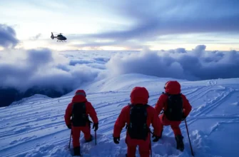 A dramatic mountain rescue scene on Mount Elbrus at dawn, showing two rescue teams in bright orange gear searching through deep snow and icy terrain for four missing climbers, with a helicopter hovering overhead and stormy clouds in the background, conveying urgency and harsh conditions