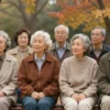 A group of elderly people of diverse ethnic backgrounds sitting on a park bench in autumn, wearing warm clothing, smiling gently, with trees showing fall colors in the background, soft natural lighting, peaceful atmosphere