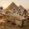A dramatic archaeological discovery in the Egyptian desert at golden hour: a team of Egyptian and international archaeologists in light field clothing carefully uncovering a massive, intricately carved stone sarcophagus partially buried in sand, glowing hieroglyphs visible on its surface, with the Great Pyramids faintly visible on the horizon under a warm orange sky, dust motes floating in the air, cinematic lighting, ultra-detailed textures of stone and fabric, sense of awe and historical signi