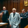 A solemn courtroom scene in a Russian regional courthouse, featuring a stern judge slamming a gavel, a shocked middle-aged male doctor in a white coat being escorted by police officers, wooden paneling and Russian legal symbols like the scales of justice, muted colors, serious atmosphere