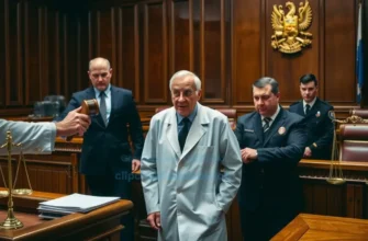 A solemn courtroom scene in a Russian regional courthouse, featuring a stern judge slamming a gavel, a shocked middle-aged male doctor in a white coat being escorted by police officers, wooden paneling and Russian legal symbols like the scales of justice, muted colors, serious atmosphere
