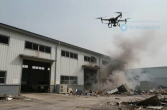 A damaged warehouse with debris, smoke, and a destroyed drone in the sky, showing the aftermath of an attack on a storage facility