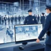 A digital illustration depicting a police investigation scene in a modern city. Focus on a police officer examining a computer screen with a network diagram. In the background, blurred figures of people in a public area suggest the scale of the cybercrime. The overall mood should be serious and investigative.