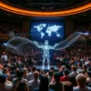 A grand, futuristic concert hall filled with diverse people from around the world, all listening and participating in a harmonious performance. In the center, a glowing, abstract AI conductor made of light and circuitry gestures, directing a flowing wave of musical notes that intertwine with digital data streams. The background shows a subtle world map formed by light, symbolizing global collaboration. The atmosphere is uplifting, with vibrant colors and a sense of unity between technology and h