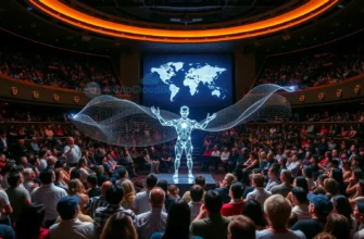 A grand, futuristic concert hall filled with diverse people from around the world, all listening and participating in a harmonious performance. In the center, a glowing, abstract AI conductor made of light and circuitry gestures, directing a flowing wave of musical notes that intertwine with digital data streams. The background shows a subtle world map formed by light, symbolizing global collaboration. The atmosphere is uplifting, with vibrant colors and a sense of unity between technology and h