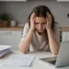 A Russian woman from Yaroslavl, looking anxious and stressed, sitting at a kitchen table surrounded by papers, loan contracts, and a laptop showing online loan applications, dim lighting, realistic atmosphere