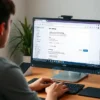 A person sitting at a computer with a browser open, displaying a webpage with technical settings or configuration options. The scene should show a focused individual adjusting browser settings for a service, with elements like browser tabs, configuration menus, and a calm workspace environment.