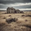 A wide shot of a small, abandoned settlement in the style of an old photo. The buildings are dilapidated, showing signs of age and disrepair. The landscape is barren, with dry grass and a cloudy sky. The overall mood is melancholic and evokes a sense of history. Focus on the architectural details and the textures of the buildings and the environment.