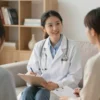 A professional doctor in a calm and welcoming setting, explaining sleep hygiene tips to a patient. The scene should be warm and comforting, with soft lighting and a cozy atmosphere. The doctor is holding a notepad with sleep-related notes, and the patient is attentively listening. The background includes elements like a bookshelf with medical books and a comfortable chair.