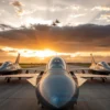 Polish Air Force pilots in modern fighter jets on a runway at sunset, with Russian military aircraft visible in the distant sky, dramatic clouds, and a sense of mission completion