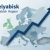 A dynamic infographic-style visualization showing the Chelyabinsk region's rise in economic strength. The image features a stylized map of the region with a prominent upward-trending arrow or graph overlay, symbolizing growth. The color palette should be professional, using shades of blue and green to represent stability and progress. The design should be clean and modern, suitable for a news report or business presentation.