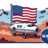 A futuristic NASA Mars mission patch featuring a sleek spacecraft landing on a red Martian surface with a large American flag planted on a hill, surrounded by orbiting satellites and a dome-shaped habitat, rendered in a clean, professional illustration style with bold colors and crisp lines