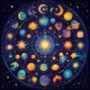 A vibrant and colorful illustration depicting the twelve zodiac signs, each represented by their respective symbols and surrounded by celestial elements like stars, planets, and constellations. The image should have a mystical and cosmic atmosphere, with each zodiac sign placed in a circular arrangement, symbolizing the unity and interconnectedness of the zodiac. The background should be a deep, starry night sky with a hint of a cosmic glow.