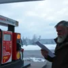 A realistic photo of a modern gas station in the Republic of Komi, Russia, with fuel pumps displaying rising price signs, a concerned local resident checking a receipt, and a subtle background of snowy taiga landscape under a cloudy sky
