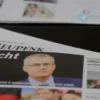 A German newspaper headline on a table with the words 'Nicht geeignet' and a photo of a politician named Merz, realistic newspaper layout, German flag colors, no text on image