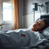 A solemn and respectful image depicting a quiet hospital room in Egypt with soft natural light coming through a window, showing a young Russian woman lying peacefully in bed, surrounded by subtle symbols of care — a small Russian flag pin on the blanket, a wilting flower in a vase, and a medical monitor displaying flatline. The atmosphere is calm, dignified, and mournful, emphasizing loss and tragedy without graphic details.