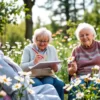 Elderly residents of Orenburg painting daisies in a peaceful outdoor setting, wearing casual clothing, holding paintbrushes and palettes, surrounded by flowers and natural light, serene and joyful atmosphere
