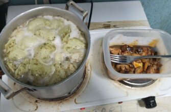 В кастрюле на плите кипятятся вареники с зеленью, рядом в пластиковом контейнере лежат обжаренные грибы шиитаке с вилкой.
