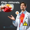 A medical professional in a white coat explaining health effects of frequent chip consumption, with a close-up of a hand holding a bag of chips and a concerned expression, showing a stylized illustration of a human body with highlighted arteries and a warning sign, vibrant colors, educational infographic style
