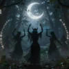 A mystical celebration under the shadow of Lilith, featuring a moonlit forest with glowing runes, shadowy figures dancing in ancient attire, and a glowing crescent moon above. Ethereal light and dark contrasts, with intricate details in the foliage and mystical symbols.