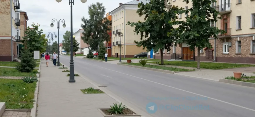 A street view of a residential area in Yaroslavl, Russia, showing a newly renovated street with clean sidewalks, modern street lamps, fresh pavement, and greenery. Include people walking or enjoying the improved environment, with a sense of community and urban renewal. The scene should reflect a peaceful, well-maintained neighborhood during daytime.