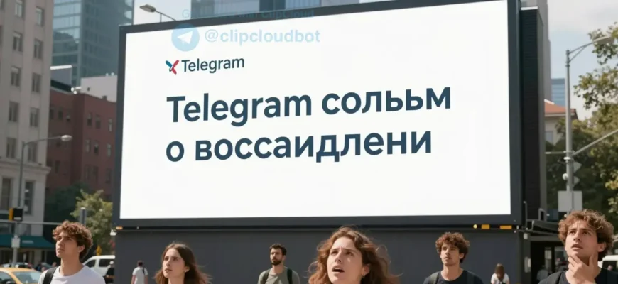 A modern cityscape with a large digital billboard displaying the text 'Telegram сообщил о восстановлении' in Cyrillic script, surrounded by people looking up and reacting with relief and excitement. The scene should include a mix of urban elements like skyscrapers, streets, and vehicles, with a clear sky and sunlight highlighting the billboard.