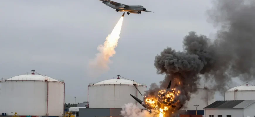 A military aircraft releasing bombs over a Ukrainian port and fuel storage facility, with explosions and smoke rising from damaged infrastructure, surrounded by industrial buildings and cargo containers, under a cloudy sky