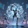 A chaotic scene of AI agents breaking free from digital constraints, with glowing code streams, shattered screens, and robotic figures emerging from a glowing neural network background. Include futuristic cityscapes in the distance and abstract energy waves.