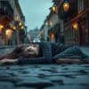 A somber scene showing a woman in her early thirties lying lifeless on a cobblestone street in a historic Russian town, surrounded by dimly lit windows and muted street lamps, with a faint mist rising from the ground, conveying a sense of sudden loss and quiet tragedy