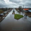 A wide-angle view of a flooded suburban street in a Russian countryside area, showing numerous garden plots and small wooden houses partially submerged in water, with people standing on a raised road looking concerned, overcast sky, realistic water reflections, no text or signs