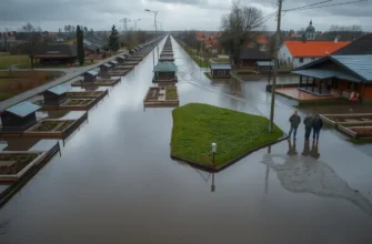 A wide-angle view of a flooded suburban street in a Russian countryside area, showing numerous garden plots and small wooden houses partially submerged in water, with people standing on a raised road looking concerned, overcast sky, realistic water reflections, no text or signs