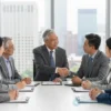 A modern American political scene with a diverse group of people engaged in a peaceful discussion or debate, symbolizing efforts to resolve conflicts. Include elements like a cityscape background, individuals of different ages and ethnicities, and subtle symbols of diplomacy such as handshakes or open dialogue. Avoid any text, weapons, or aggressive imagery.