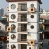 A multi-story modern architectural complex designed specifically for cats, featuring numerous levels, balconies, and cat-friendly structures like scratching posts and climbing walls, set in an urban Chinese environment with traditional and contemporary buildings in the background, bright daylight, clear blue sky, vibrant colors, detailed textures, photorealistic rendering