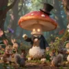 A surreal scene of a tiny mushroom-like creature with a human face, wearing a miniature suit and top hat, standing in a forest clearing. The mushroom has glowing eyes and a mischievous expression, surrounded by oversized flowers and towering trees. The lighting is soft and magical, with a dreamlike atmosphere. The creature appears to be interacting with a group of small animals, such as rabbits and squirrels, who are also dressed in tiny clothes and seem to be in awe of the mushroom. The overall