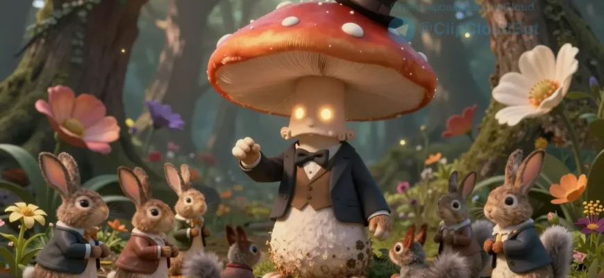 A surreal scene of a tiny mushroom-like creature with a human face, wearing a miniature suit and top hat, standing in a forest clearing. The mushroom has glowing eyes and a mischievous expression, surrounded by oversized flowers and towering trees. The lighting is soft and magical, with a dreamlike atmosphere. The creature appears to be interacting with a group of small animals, such as rabbits and squirrels, who are also dressed in tiny clothes and seem to be in awe of the mushroom. The overall