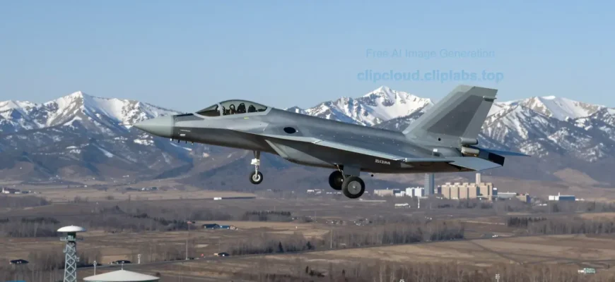 A modern fighter jet soaring over a vast landscape of Russia, with snow-capped mountains in the background and a clear blue sky. Include elements like a radar tower and a distant city skyline to emphasize advanced aviation capabilities.