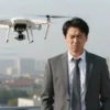 A man standing in front of a drone, looking upset or frustrated, with a cityscape in the background, representing a business owner facing legal consequences due to drone misuse