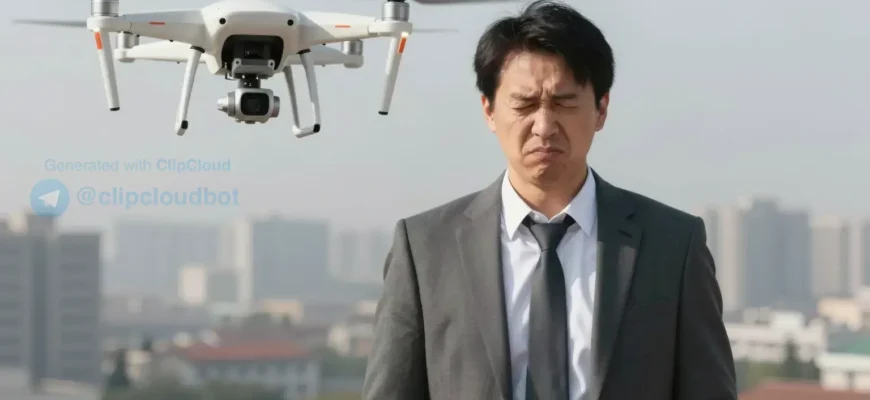 A man standing in front of a drone, looking upset or frustrated, with a cityscape in the background, representing a business owner facing legal consequences due to drone misuse