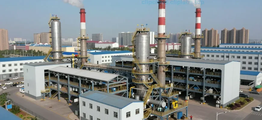 A modern industrial factory complex with smokestacks emitting smoke, surrounded by a cityscape with buildings and roads. Include workers in uniforms operating machinery inside the factory, and a clear sky above.