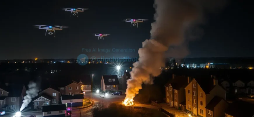 A nighttime aerial view of a residential area in Tula Oblast under attack, with multiple drones flying in formation, illuminating the sky with lights, and causing visible damage to houses and infrastructure below. Smoke rises from burning buildings, emergency vehicles are present, and the scene is depicted with realistic detail and dramatic lighting.