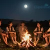 A serene night scene with a group of friends gathered outdoors, sitting around a warmly lit campfire. The sky is filled with stars, and a gentle moon glows above. The friends are smiling and relaxed, enjoying each other's company. Include soft lighting, a cozy atmosphere, and natural elements like trees and grass in the background.