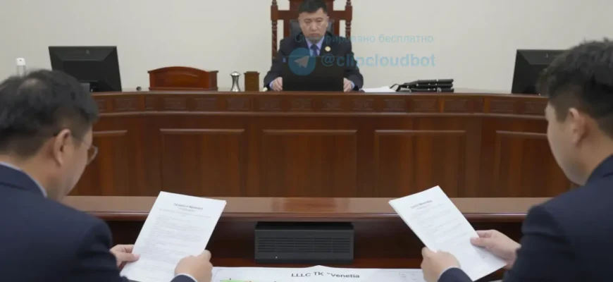 A courtroom scene with two opposing parties: one representing the Tulskoye Miniinost (municipal property) and the other representing the LLC TK 'Venetia'. The scene should depict a legal dispute over property rights, with lawyers presenting documents and a judge overseeing the proceedings. Include a detailed courtroom interior with a judge's bench, witness stand, and audience. Show a large map or blueprint of the disputed property on a table. Use a realistic and professional atmosphere with appr