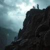 A dramatic scene of a fatal rockfall on a hillside caused by a family argument, showing a steep rocky cliff with a family of three figures near the edge, somber atmosphere, dark clouds, intense lighting highlighting the tragedy, no text or symbols