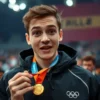 A person holding an Olympic medal with a surprised or proud expression, standing in front of a blurred crowd at the Manchaary Games event, with a subtle hint of illegality or controversy in the background atmosphere
