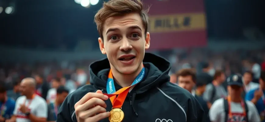 A person holding an Olympic medal with a surprised or proud expression, standing in front of a blurred crowd at the Manchaary Games event, with a subtle hint of illegality or controversy in the background atmosphere