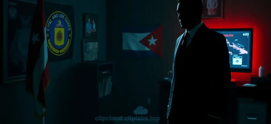 A secret spy game setup between the CIA and Cuba, with a CIA agent in a dark suit holding a briefcase filled with documents, standing in a dimly lit room with a Cuban flag in the background, a map of Cuba on the wall, and a glowing computer screen showing encrypted messages
